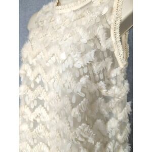 Anthropologie Blue Tassel Top Women XS Sheer Mesh Feathered Accents Ecru Sexy